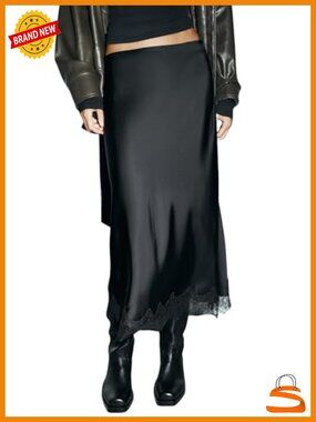 Satin Lace Trim Midi Skirt Y2k Half Slip Maxi Skirt Under Dress with Elastic